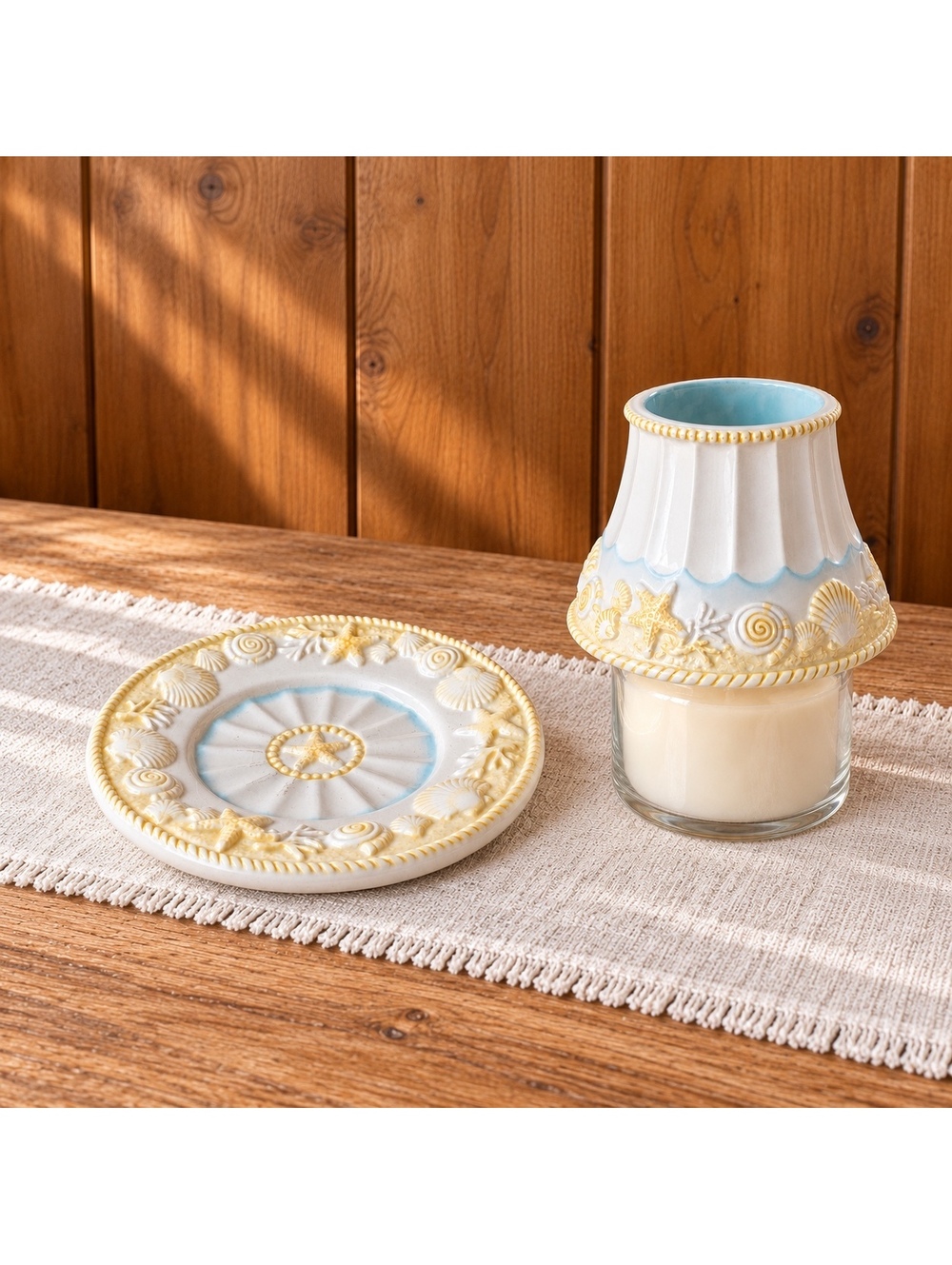 Vintage Seashell Ceramic Candle Shade and Tray Coastal Starfish Shell Decor